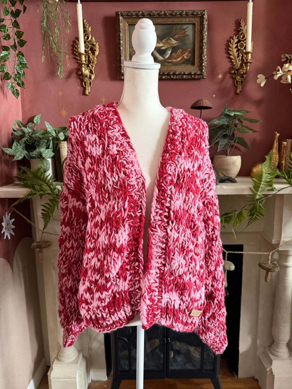 Cozy Marled Open-Front Cardigan in Pink and Red